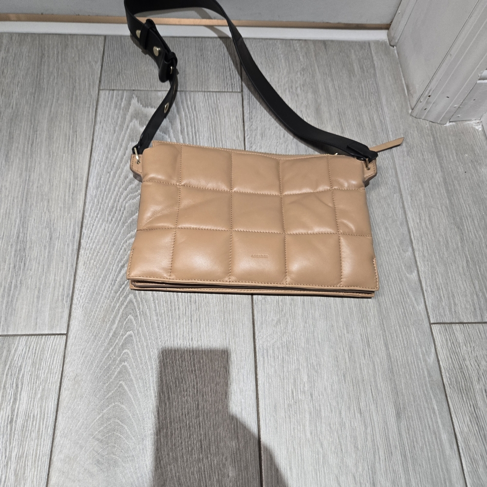 All Saints Quilted Tan Leather Crossbody with Black Strap